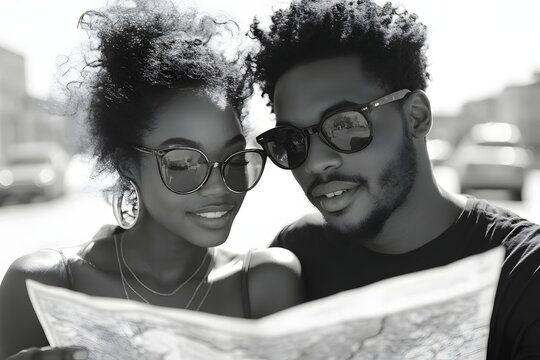 Young couple wearing sunglasses looking at a paper map while traveling in a city street scene