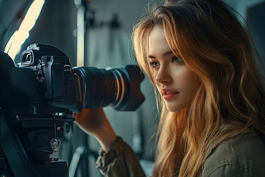 Young female photographer looking through the viewfinder of a camera in a studio environment