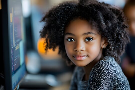 Young girl with curly hair looking at a computer screen in a classroom or home setting
