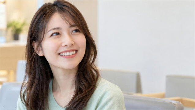待合室で笑顔を見せるミント色の服の女性