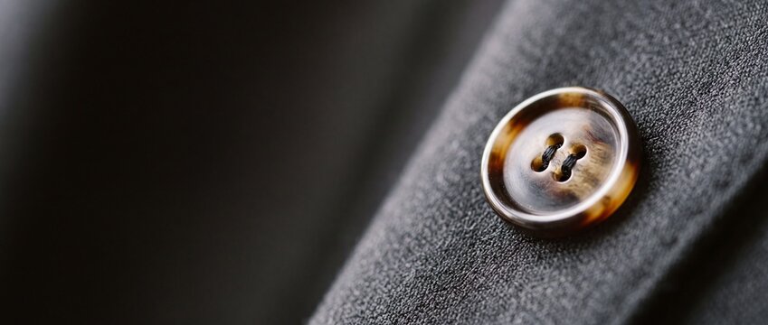 Classic four hole brown horn button stitched on dark grey wool suit jacket sleeve close up.
