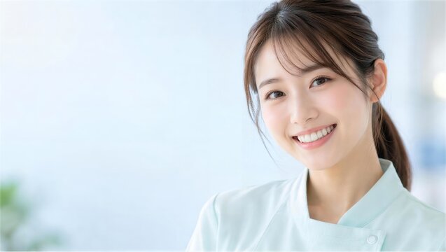 ミント色の医療用ユニフォームで歯を見せて笑う女性