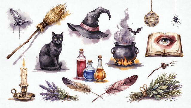 Collection of witch and wizard including broom hat cauldron cat and magic potions