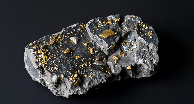Raw gold ore nugget embedded in dark grey volcanic rock isolated on a black background