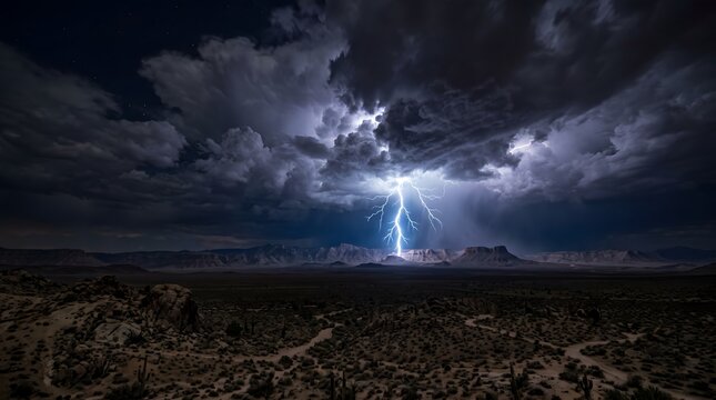 Powerful lightning bolt strikes desert landscape during a stormy night