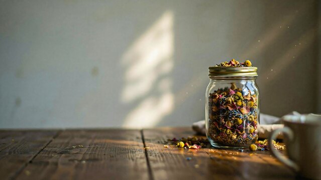 Glass jar filled with colorful sprinkles on a rustic wooden table illuminated by warm sunlight