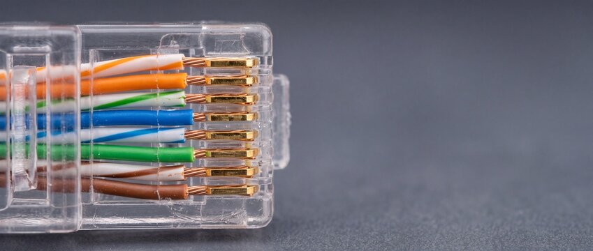 Ethernet rj45 network cable connector showing internal colored copper wires for data connection.