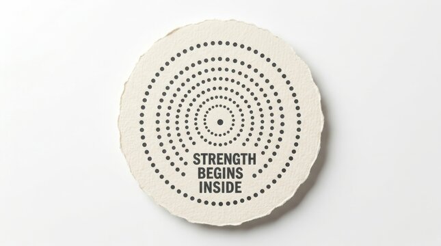 Round paper design with spiral dots and strength begins inside text