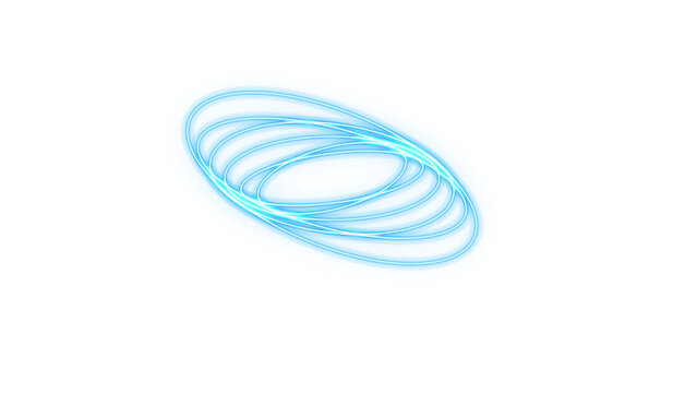 Abstract blue light glowing rings floating on a clean white background