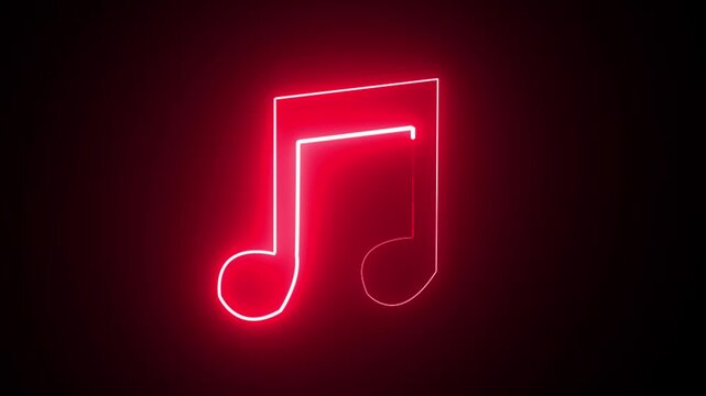 Neon red color music icon animation video. Musical note icons. Abstract neon glowing double musical note icon animation. Music symbol neon.Abstract neon music notes 4k animation.
