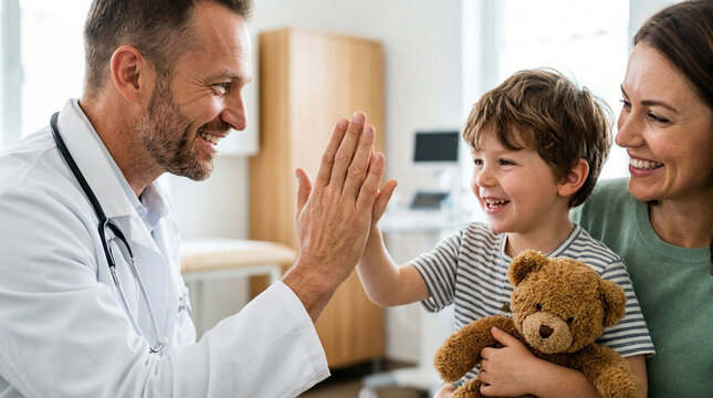 Doctor gives child high five, mother smiles in doctor's office, teddy bear