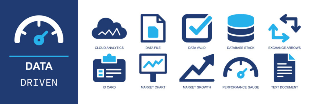 Data driven icon set. Duotone flat vector icons of cloud analytics, database, market chart, performance gauge and data validation for analytics concepts.