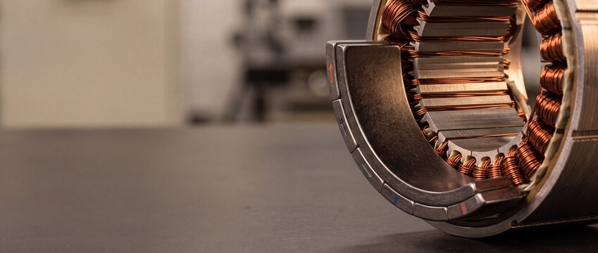 Industrial motor stator with copper windings and laminated steel core for high efficiency machinery.