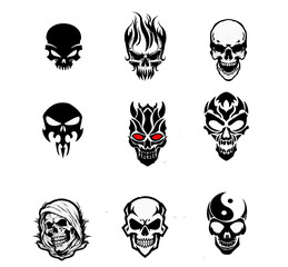 Fototapeta premium Tribal tattoo skull silhouettes set with flaming skull grim reaper hood and yin yang bones icons