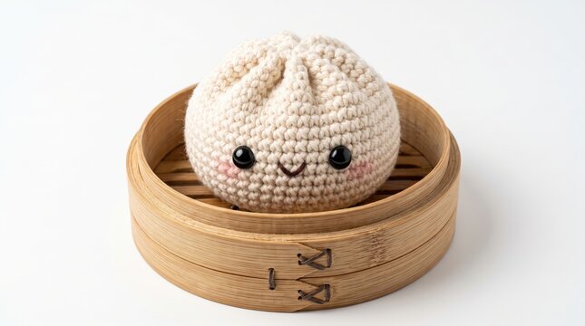 Cute crochet dumpling plushie toy sitting inside a traditional bamboo steamer basket