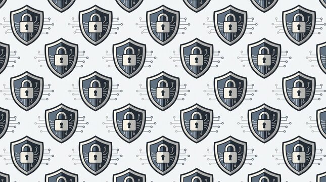 Seamless pattern background featuring digital security shields with padlock icons for cybersecurity concepts.