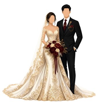 Elegant bride in luxury wedding dress standing with groom in tuxedo vector illustration on white background