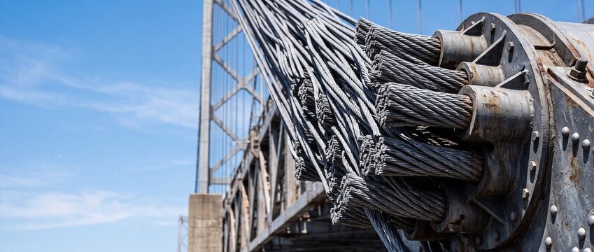 Heavy duty steel cables anchor suspension bridge structure supporting massive load outdoors.