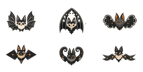 Fototapeta premium Gothic ornate bat emblems and cute cartoon bat icons set with decorative wings for halloween design