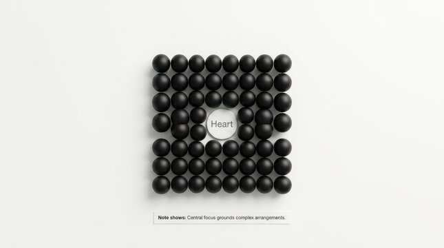 Black balls arranged in a grid with a white heart in the center