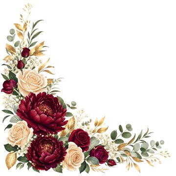 Romantic floral corner frame arrangement with burgundy red roses, blush pink flowers, gold leaves, and eucalyptus greenery isolated on white background for wedding stationery