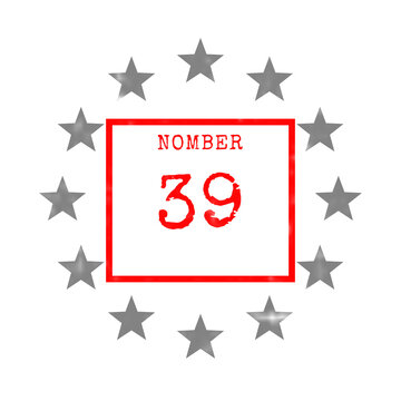 Number 39 in red square with gray stars around it