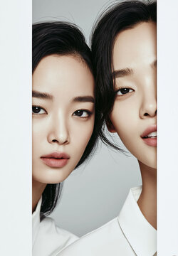 Blank copy space sits between two Asian women holding white cards. The portrait fits advertising, messages, headlines, and promotional text.