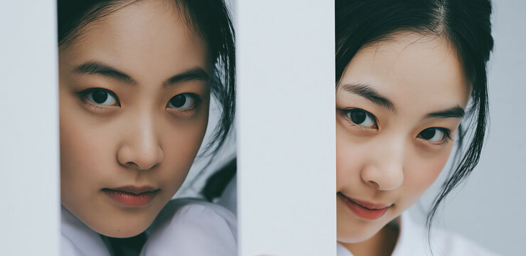 Blank copy space sits between two Asian women holding white cards. The portrait fits advertising, messages, headlines, and promotional text.