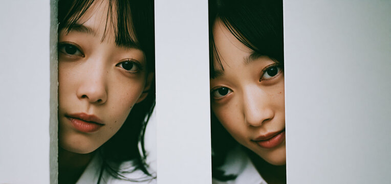 Blank copy space sits between two Asian women holding white cards. The portrait fits advertising, messages, headlines, and promotional text.