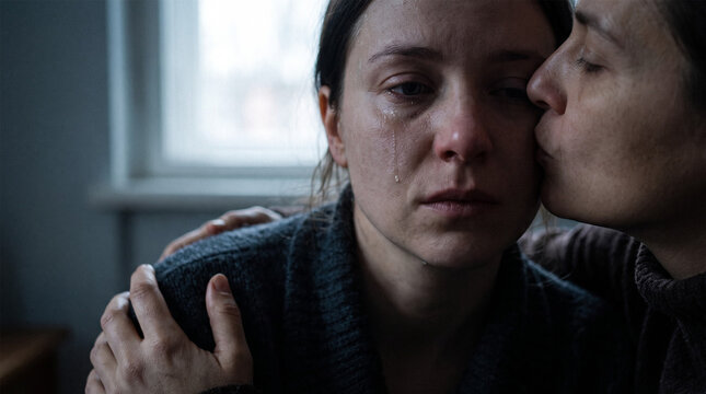 Close Up Friend Comforting Crying Woman Kiss on Cheek Tear Drop