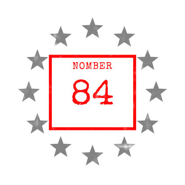 Number 84 inside a red square surrounded by grey stars