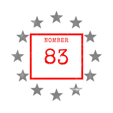 Number 83 in red square frame surrounded by grey stars