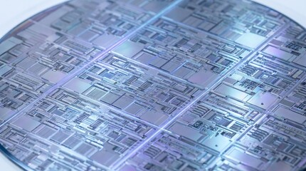 Fototapeta premium Silicon semiconductor wafer with glowing neon circuitry, intricate integrated circuits designed for GPU and CPU manufacturing, advanced microchip technology