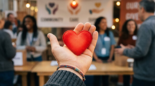 A person holding a small red heart in their hand at a community charity volunteer event