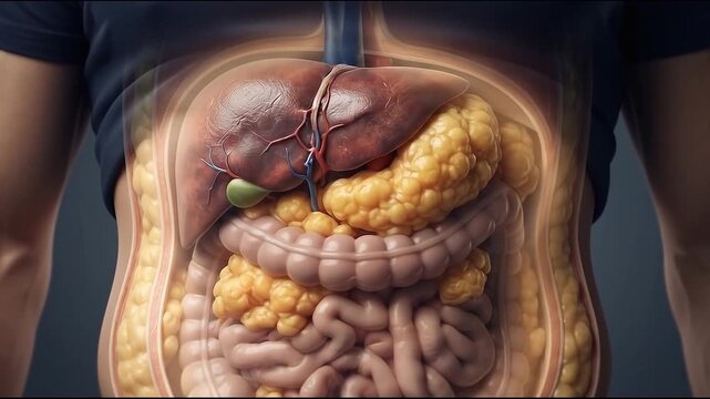 Fatty Liver and Visceral Fat Inside Male Abdomen, Abdominal Organ Anatomy and Glowing Digestive System Medical Illustration for Metabolic Health Education Awareness