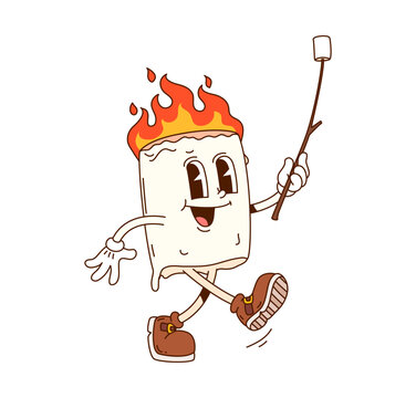 Cartoon groovy marshmallow character with flames on top, and happy face. Funky mascot walking and holding roasting stick with marshmallow. Retro personage for food branding and kids apparel design