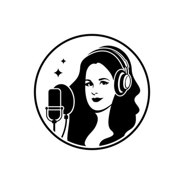 narrator woman with headphones and mic logo vector
