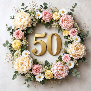 Beautiful golden number fifty surrounded by elegant flowers and greenery wreath design