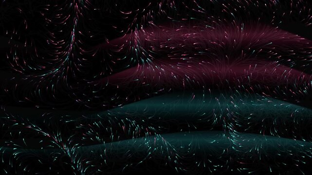 Glowing particles swirling in dark waves create beautiful flowing motion animation for dynamic background visual effect