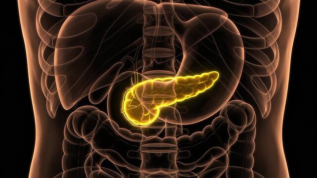 3D medical animation of the human torso showing the internal digestive system with the pancreas highlighted in glowing yellow against a semi-transparent body