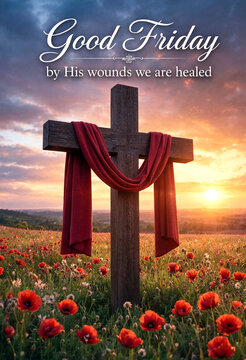 Beautiful sunrise scene with wooden cross draped in red cloth surrounded by poppy flowers