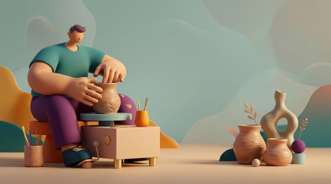 Artist Creating a Pottery Vessel on a Modern Wheel in a Soft Colorful Environment