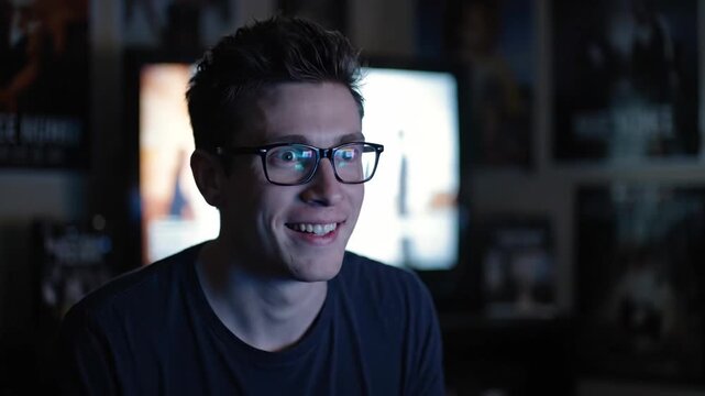 Images of smiling men wearing glasses indoors, and boys wearing glasses speaking indoors