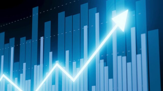 Data is shown with vertical bar graphs rising over time. A line graph overlays the bars showing an upward trend, illustrating market growth clearly.