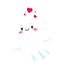 Fototapeta premium Cute kawaii ghost character with blushing cheeks and heart eyes. Funny vector personage with pink floating hearts for Halloween party and greeting card