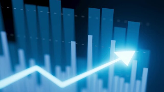 A digital graph displays blue bars of various heights that show data rising over time. An arrow points upward, highlighting positive growth in the statistics.