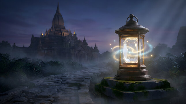 An ornate glowing lantern illuminating a mystical atmosphere.