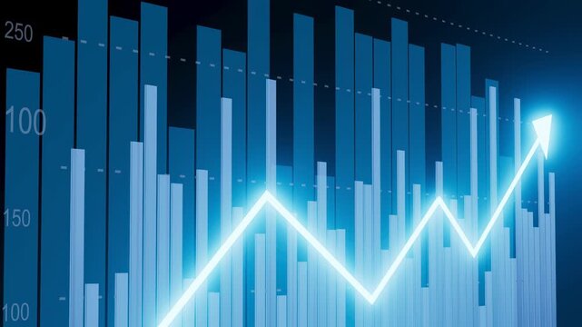 Bars in various heights represent data points on a chart while a line moves upward to show increasing trends. This represents analysis in business or finance.