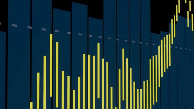 Sound waves represented by bars of different heights. Yellow and blue colors depict audio levels which change over time. The background is dark, enhancing visibility.