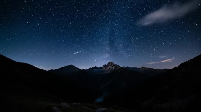 Mountain night sky starry material, mountain range under the starry sky time delay